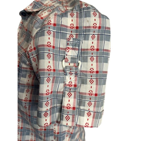Adrian Delafield Blouse M Button Up short sleeve pocket plaid red whit blue - Picture 5 of 11